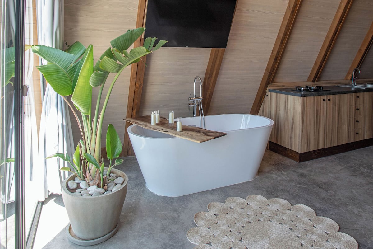 A modern bathroom with a freestanding bathtub, a potted plant, and a large woven rug on the floor.