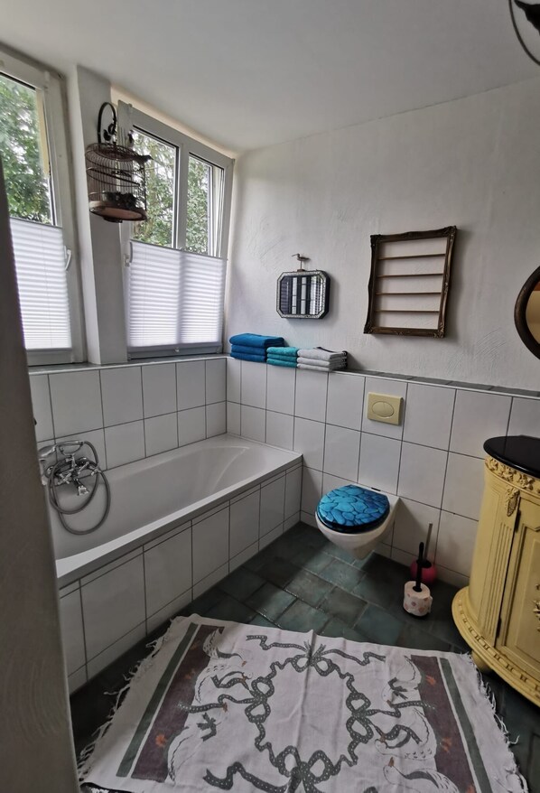 Hair dryer, towels, soap, toilet paper