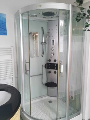 Hair dryer, towels, soap, toilet paper