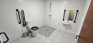 Features a toilet, sink, and showerhead, with grab bars for support.