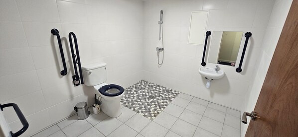 Un baño pequeño con inodoro, bidé y lavamanos, equipado con barras de apoyo.