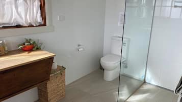 Shower, eco-friendly toiletries, hair dryer, towels