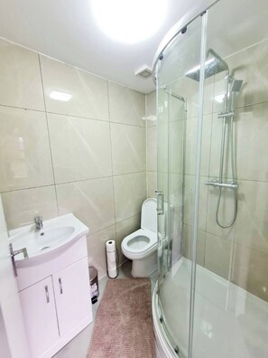 Shower, hair dryer, bidet, towels
