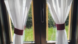 A door with white curtains tied with a dark ribbon, leading to a view of greenery outside. - El Pedrosu (Infiesto)