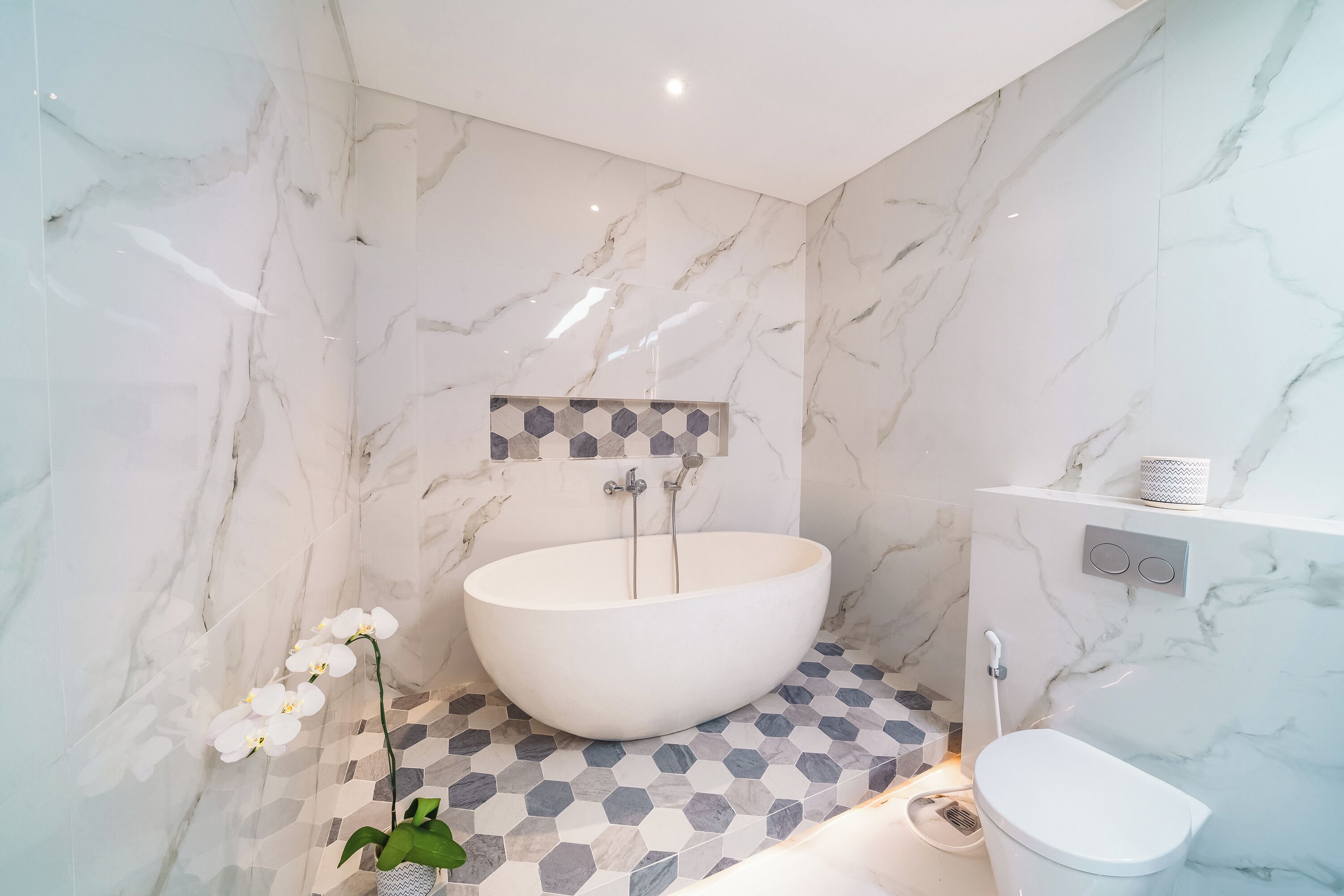 Une salle de bain moderne avec une baignoire sur pieds, des toilettes et un espace douche.