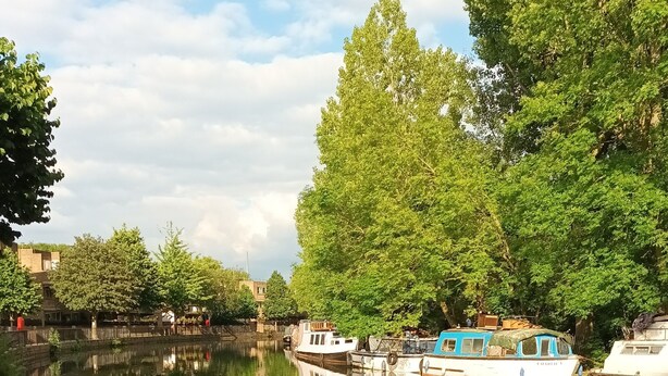 A calm river with boats docked along the bank, surrounded by trees and buildings.