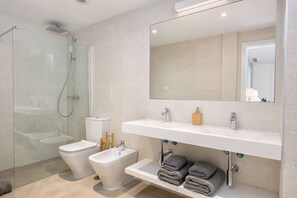 Ducha, secador de pelo, toallas, jabón
