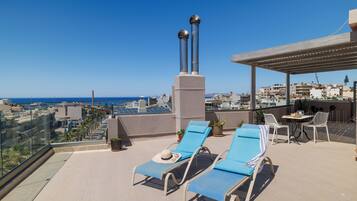 A rooftop terrace with lounge chairs, a table, and potted plants.