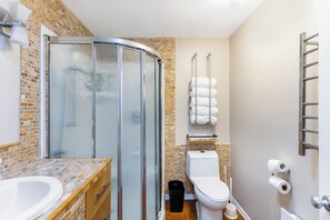 Hair dryer, towels, soap, toilet paper