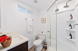 Hair dryer, towels, soap, toilet paper