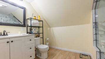 Shower, hair dryer, towels, soap