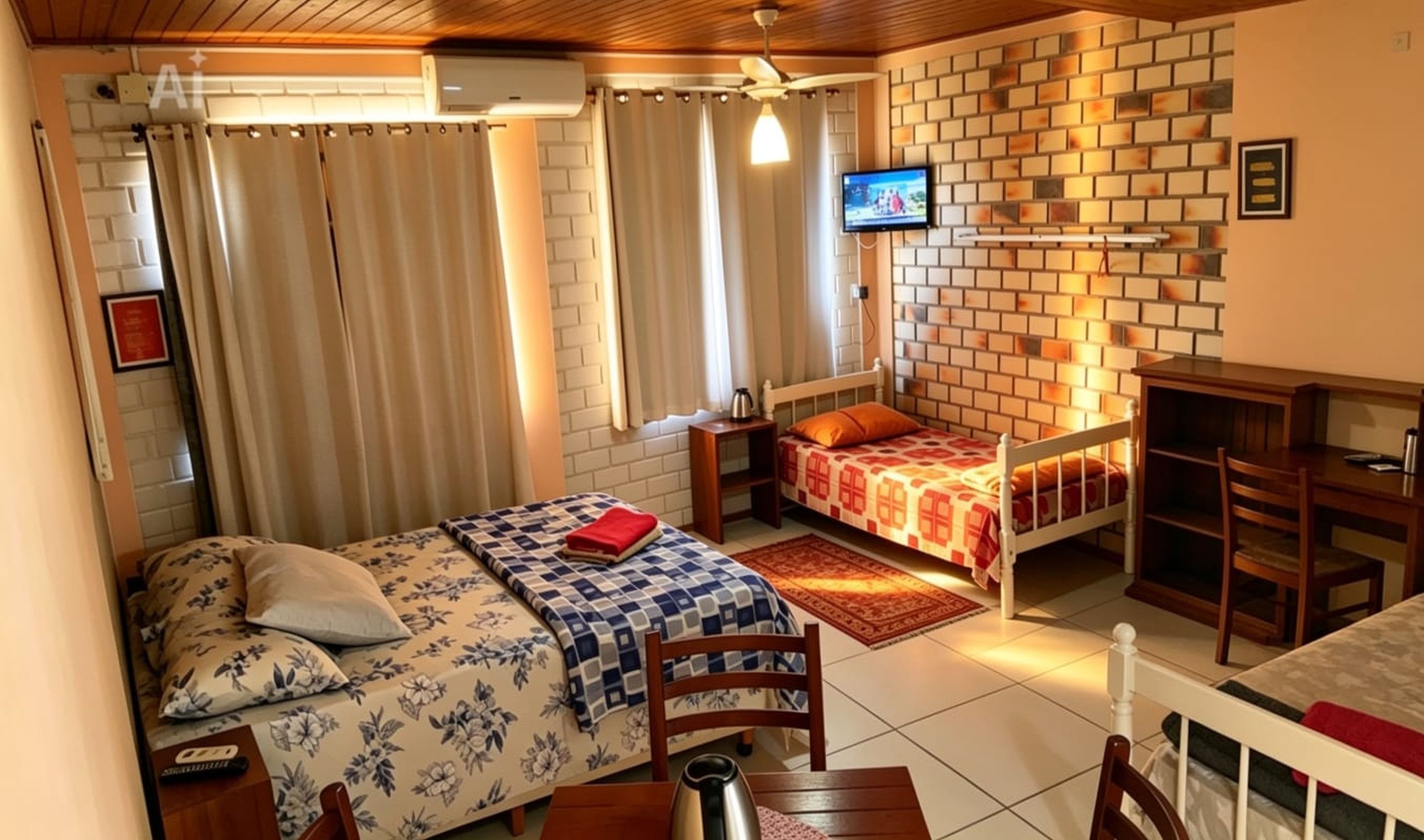 Una habitación con dos camas, televisión, pared de ladrillo y techo de madera.