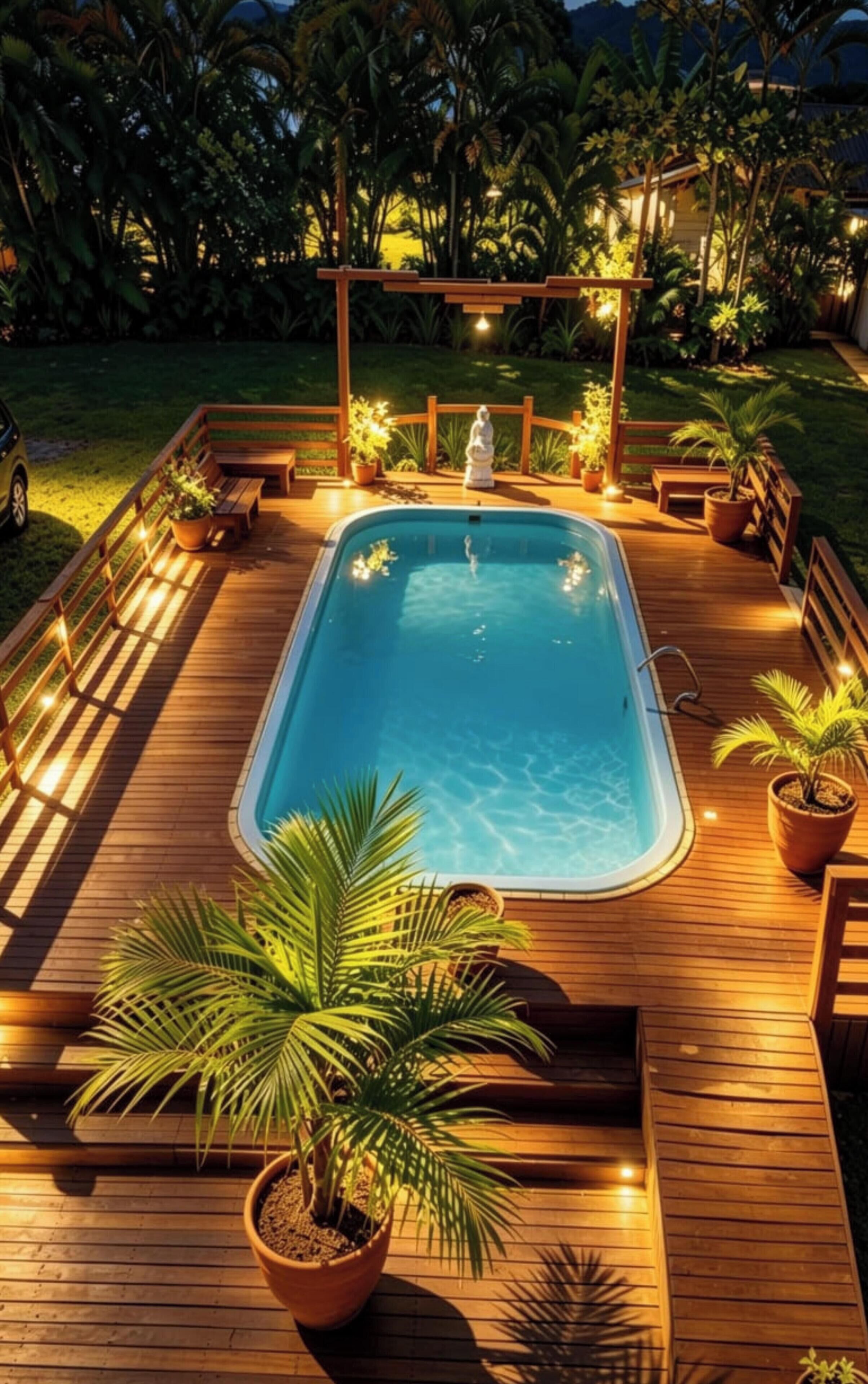 Ein Schwimmbecken mit Holzterrasse, umgeben von Blumentöpfen und Bänken.