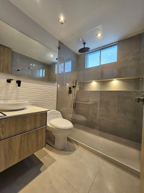 Hair dryer, towels, soap, toilet paper