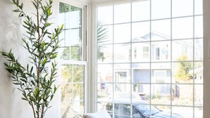 A corner room with a grey sofa, a large window, and a potted plant. - Ocean Beach Spanish Gem | Walk to beach pier shops (San Diego)
