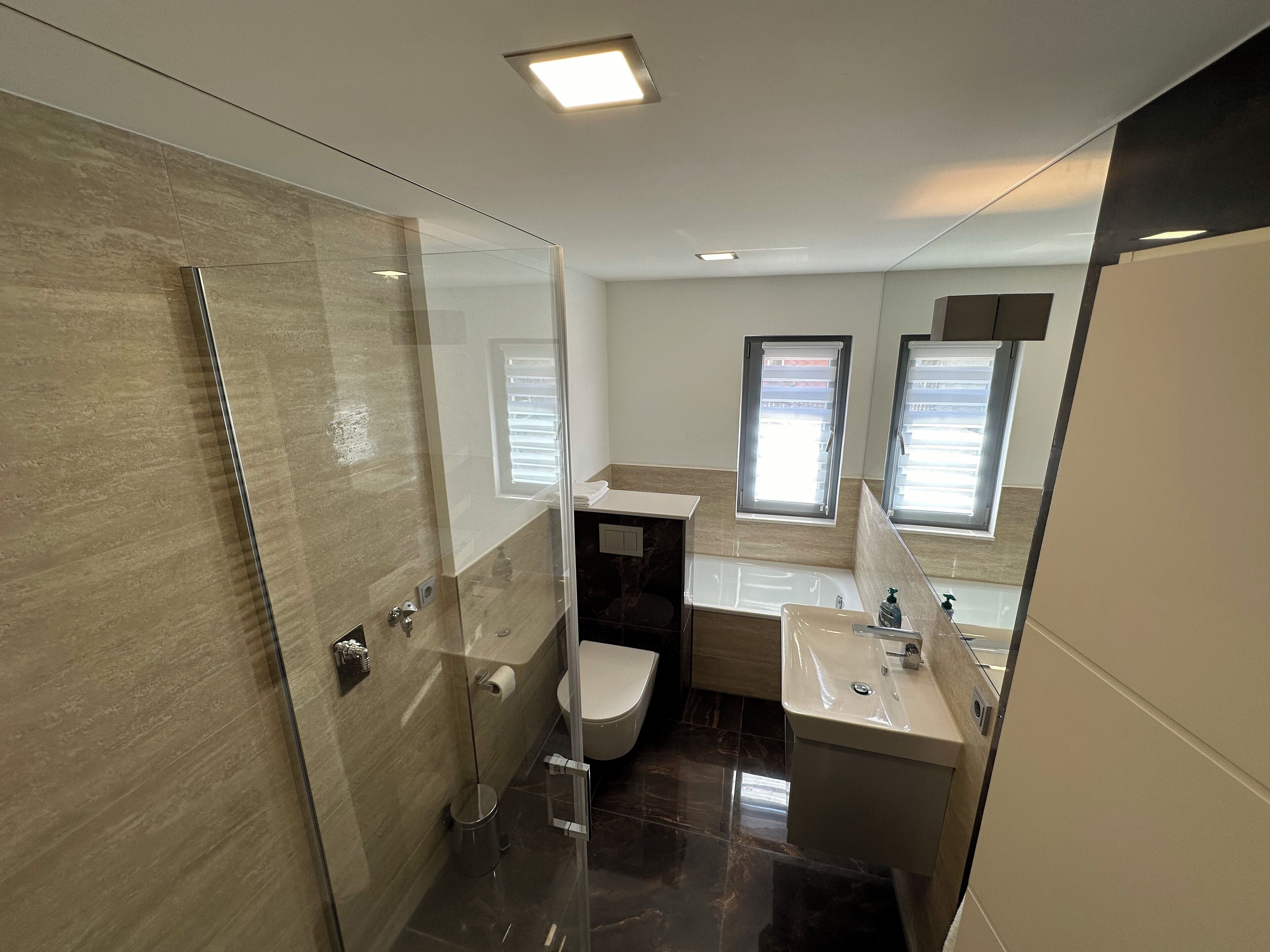 Hair dryer, towels, soap, toilet paper