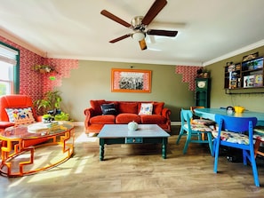 Smart TV, fireplace, DVD player, foosball