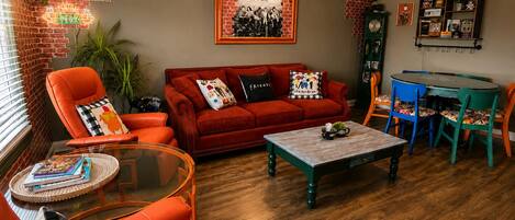 Smart TV, fireplace, DVD player, table football