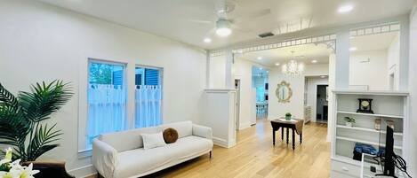 Smart TV, fireplace, DVD player, books