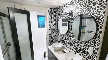 Hair dryer, bidet, towels, soap