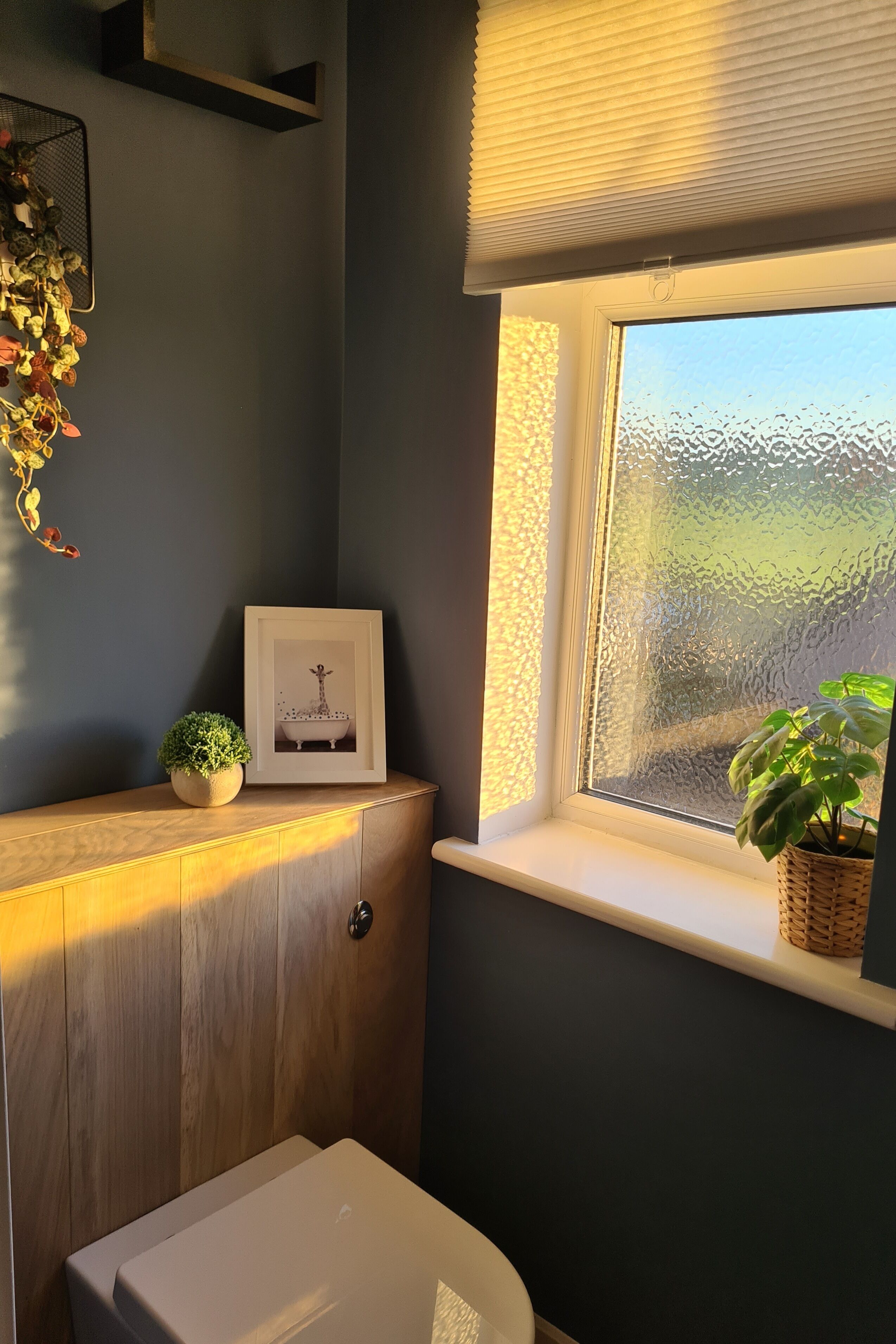 Ein Badezimmer mit Holzwaschtisch, einem gerahmten Bild, einem Topfpflanzen und einem Fenster mit Blick.