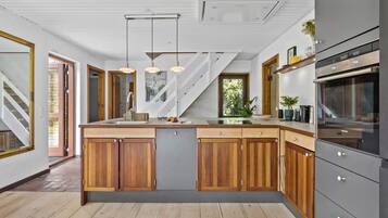 Fridge, stovetop, dishwasher, coffee/tea maker