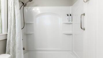 Hair dryer, towels, soap, toilet paper