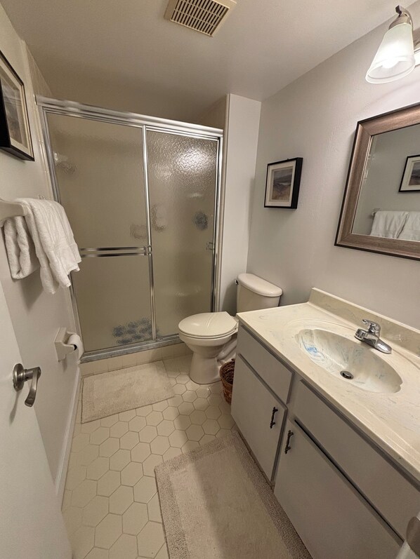 Une salle de bain dotée d’une porte de douche en verre, de toilettes, d’un lavabo avec un miroir et de carreaux de sol à motifs hexagonaux.