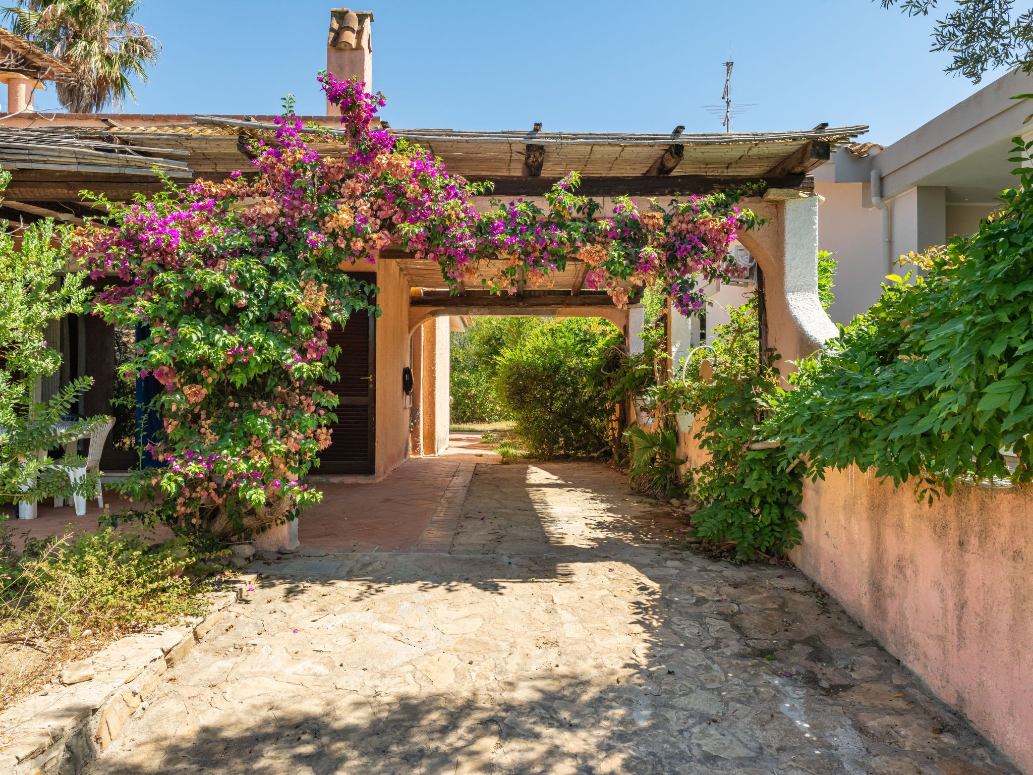 A pathway leading to a building with a covered entrance, surrounded by lush greenery and flowering plants.