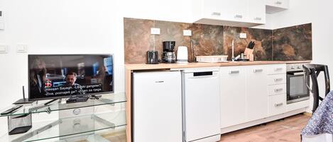 Fridge, oven, dishwasher, cookware/dishes/utensils