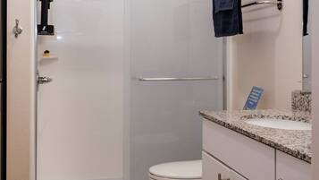 Hair dryer, towels, soap, shampoo