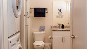 Hair dryer, towels, soap, shampoo