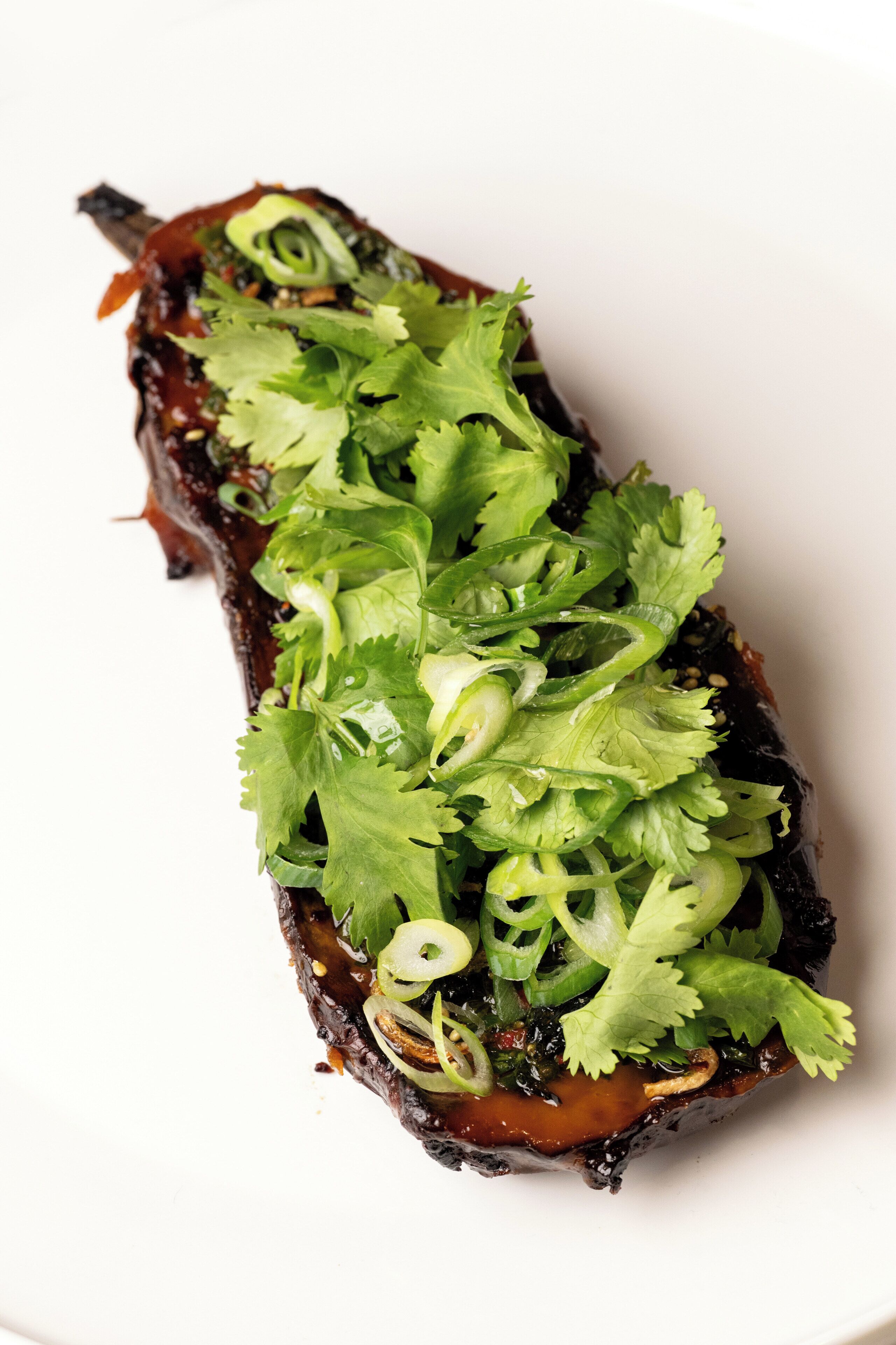 A dish with a dark sauce and green garnishes on a white plate.