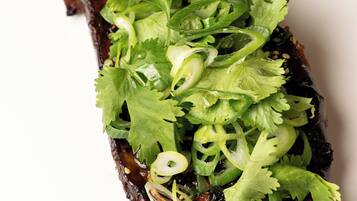 A dish with a dark sauce and green garnishes on a white plate.