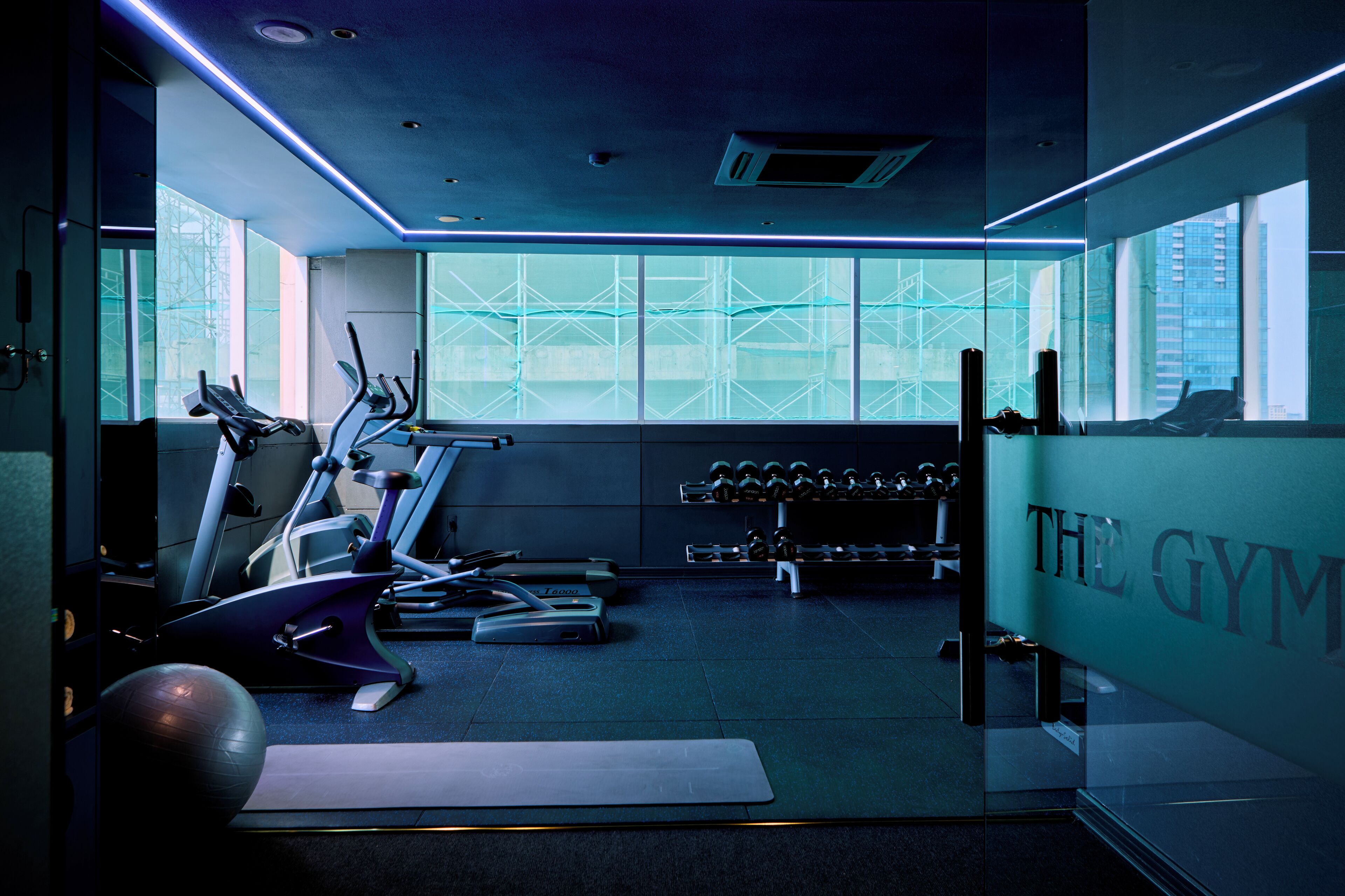 A gym with exercise equipment, a yoga mat, and a wall with 'THE GYM' written on it.