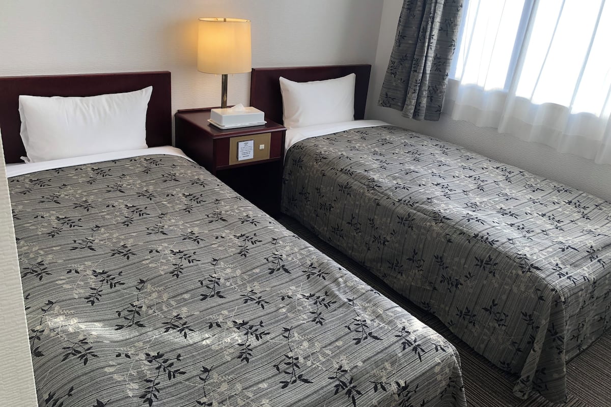 Ett hotellrum med två separata sängar, ett nattduksbord med en lampa, en näsdukslåda och en skylt som visar att det finns Wi-Fi.
