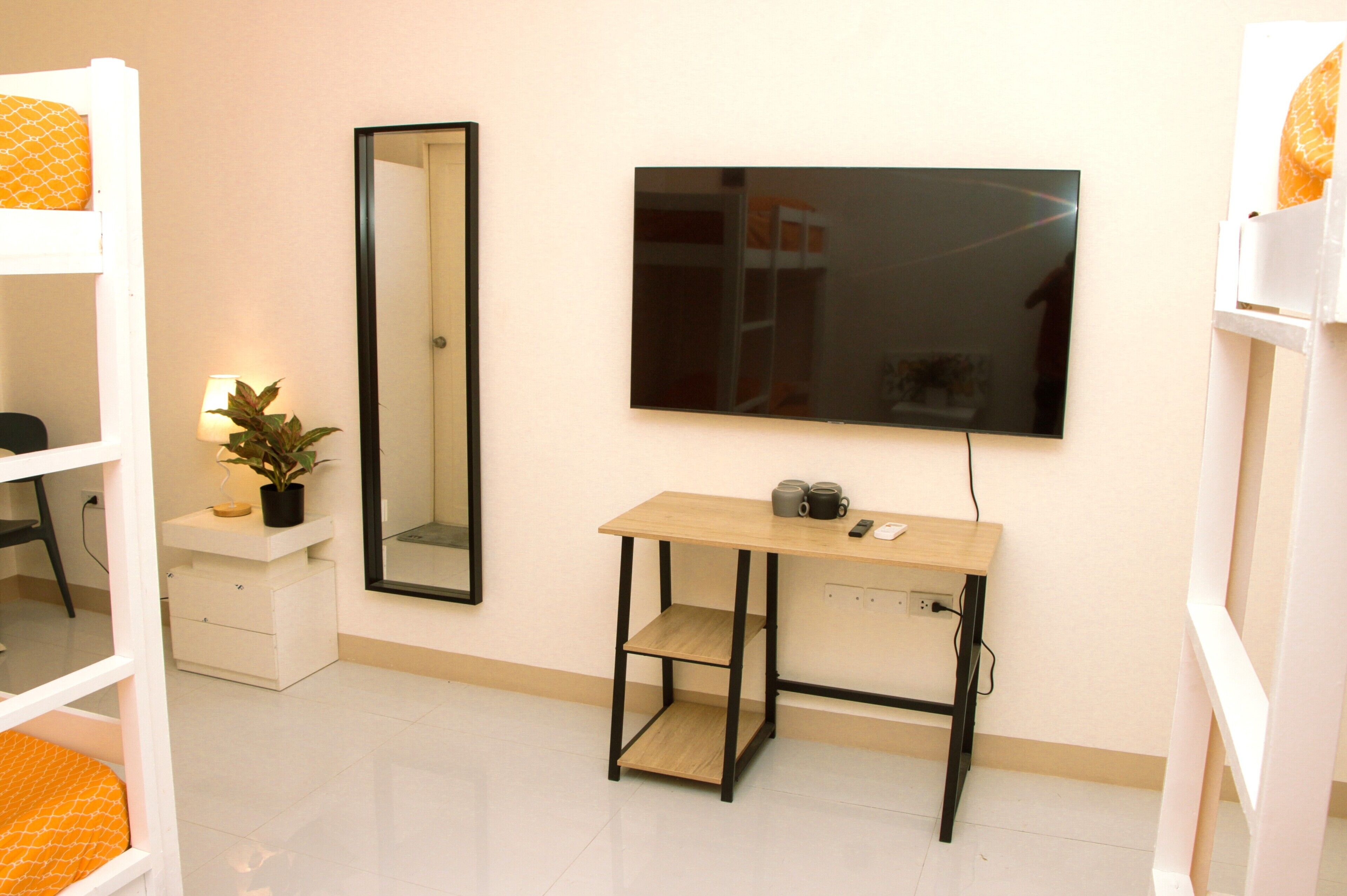 A modern room with bunk beds, a desk with a mirror, a flat-screen TV, and a potted plant.