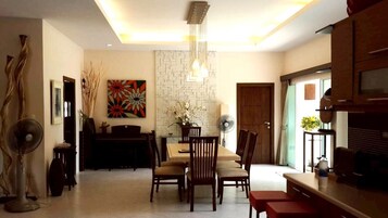 Villa, 4 Bedrooms, Private Pool, Beachfront | Living area | 50-inch LED TV with cable channels