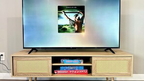 Un téléviseur à écran plat posé sur un meuble télé en bois, doté d’un panneau avant en rotin.
