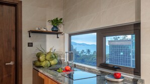 A kitchen with a large window, a countertop with coconuts, a plant, and a view of the sea.