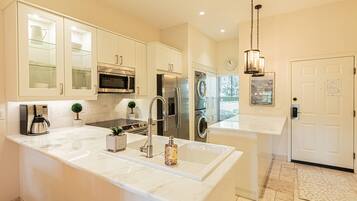 Fridge, microwave, dishwasher, coffee/tea maker
