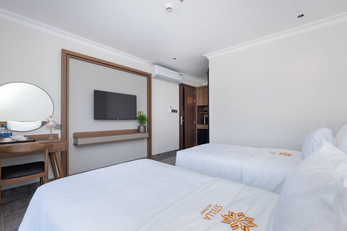 Habitación de hotel con dos camas, un escritorio con silla, televisión y una planta pequeña.