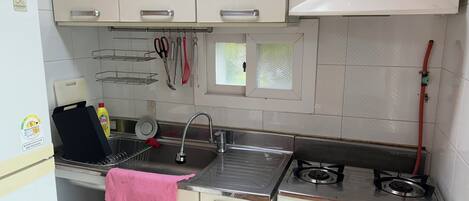 Una cocina compacta con refrigerador, lavamanos y estufa a gas.