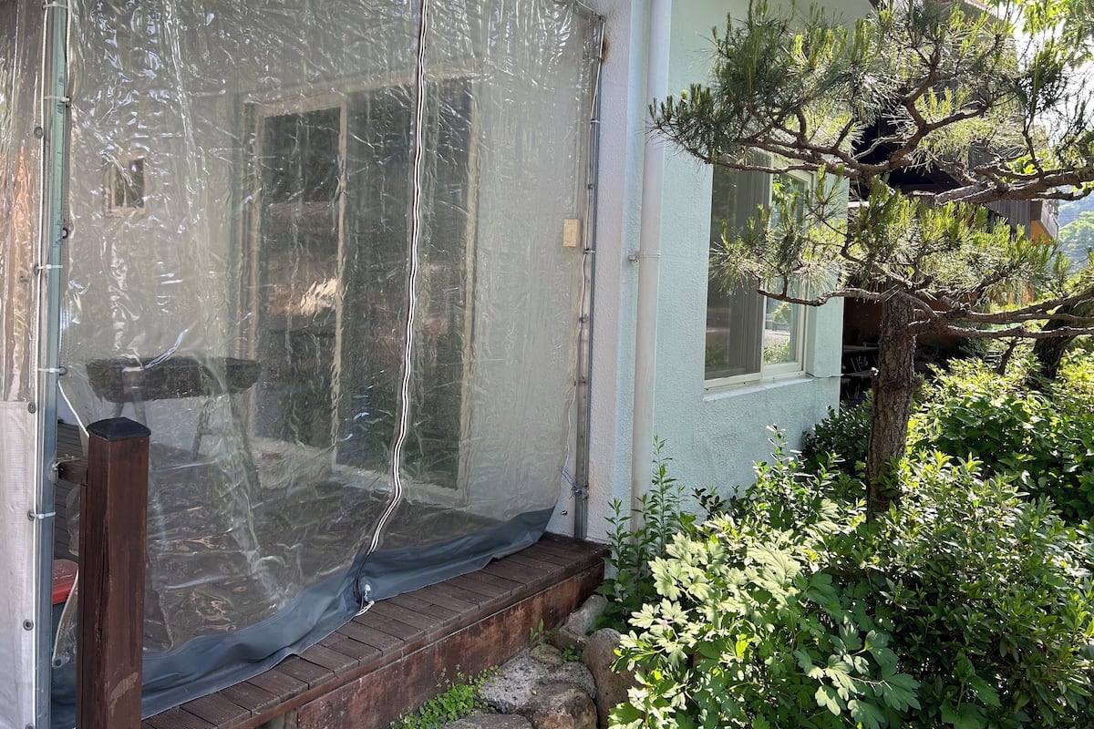 A room with a large window covered by a clear plastic sheet, a wooden bench outside, and a pine tree in the garden.