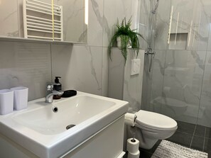 Dusche, Haartrockner, Handtücher, Seife