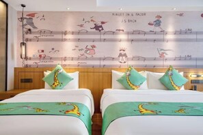 A hotel room with two beds, each with a giraffe-themed bedspread and matching pillows. A large wall mural depicts a musical theme with characters and instruments. - MaisonLee Hotel Jiaojiang Taizhou (Taizhou)