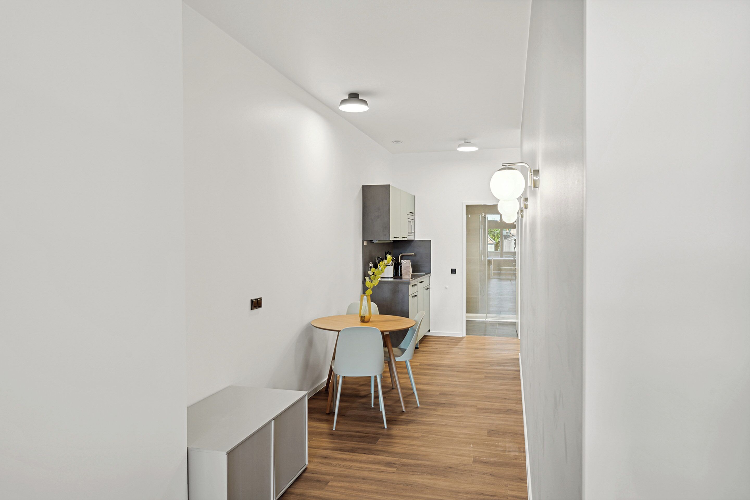 A modern, open-plan living space with a kitchen, dining area, and a hallway leading to a door.