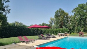 Uma área de piscina com espreguiçadeiras e guarda-sóis, rodeada por vegetação.