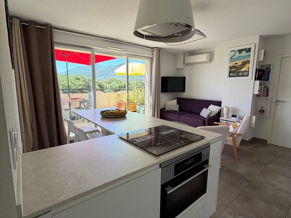 Fridge, microwave, oven, stovetop - T3 Apartment with Large Terrace and View of the Albères (Argelès-sur-Mer)