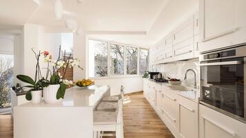 Appartamento Luxury, 3 camere da letto, vista mare | Cucina privata | Frigorifero con congelatore, microonde, forno, piano cottura